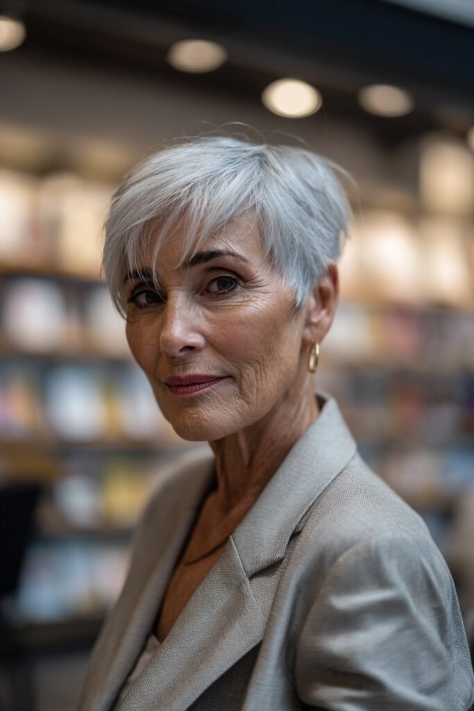 Sophisticated gray pixie cut with long bangs for women over 50