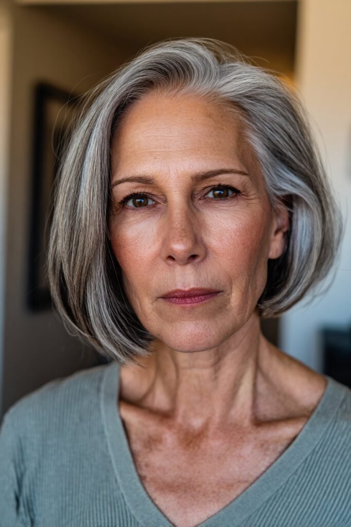 woman over 70 with stacked bob haircut in gray tones