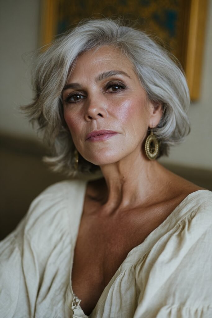 older woman with stacked bob haircut in silver tones