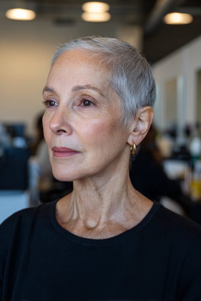 woman over 70 wearing tapered short gray haircut