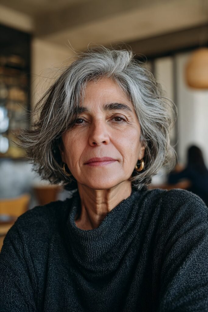 older woman wearing textured bob with salt and pepper hair