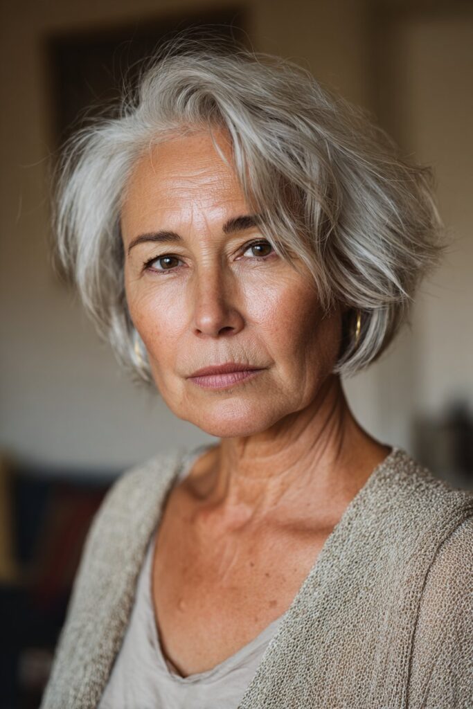 woman over 70 wearing textured gray bob hairstyle