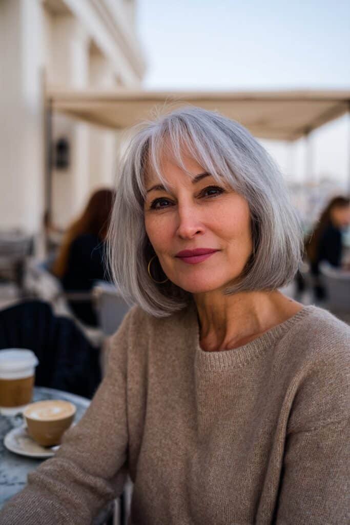 Textured gray bob with bangs for women over 50 and soft layered finish