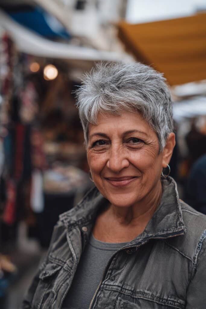 Short textured gray crop hairstyle for women over 50 with choppy ends