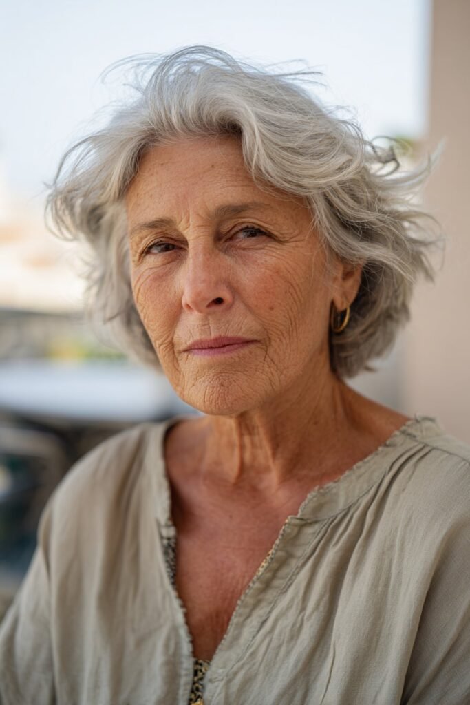 older woman with tousled lob hairstyle in silver gray hair
