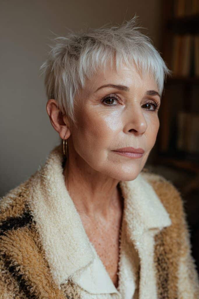 woman over 70 with wispy pixie haircut in soft silver