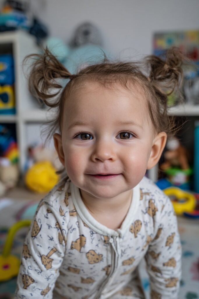 baby girl hairstyle with tiny twin pigtails