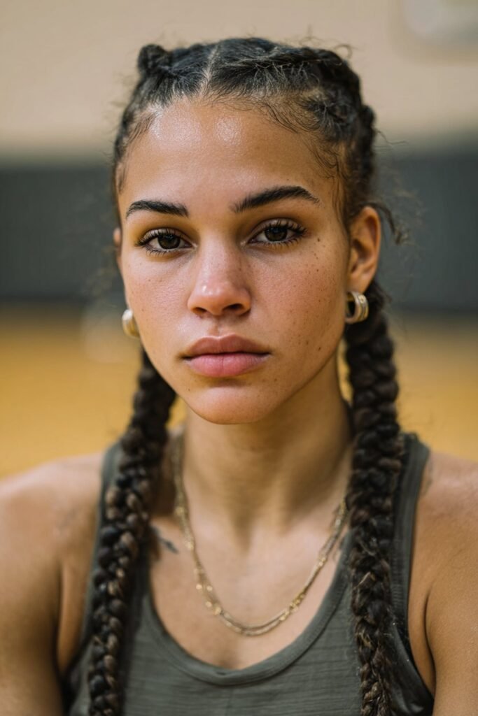 girl with two side braids for basketball game"
