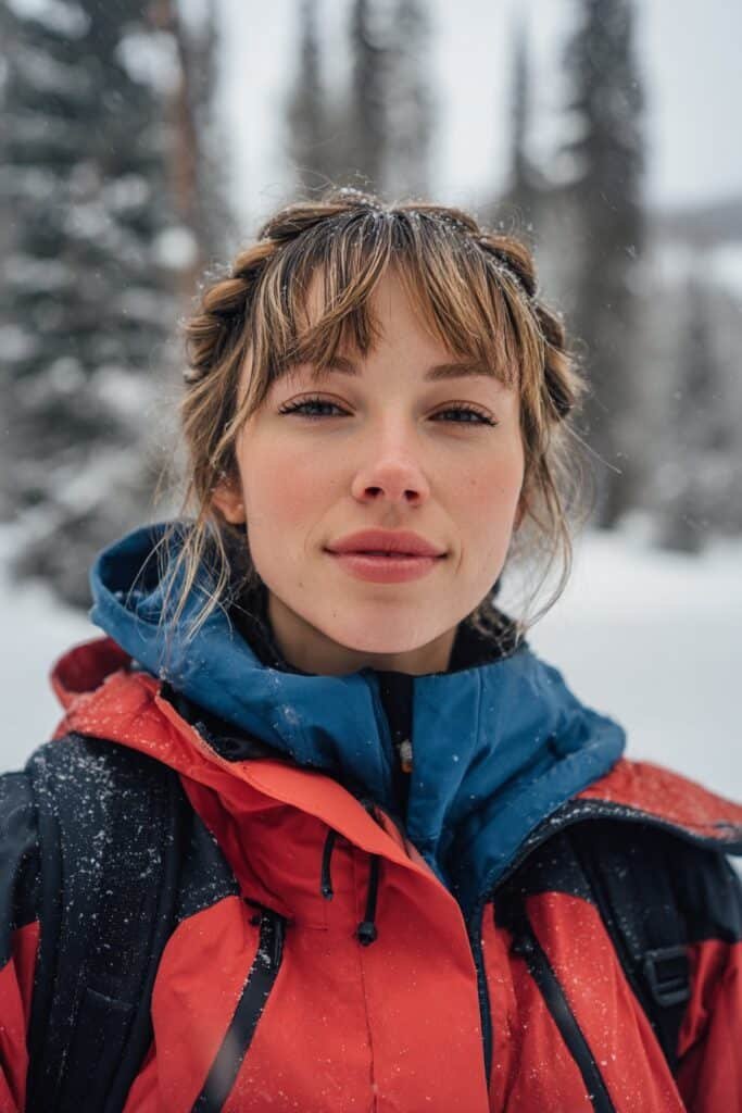 Twisted crown snowboarding hairstyle with baby bangs