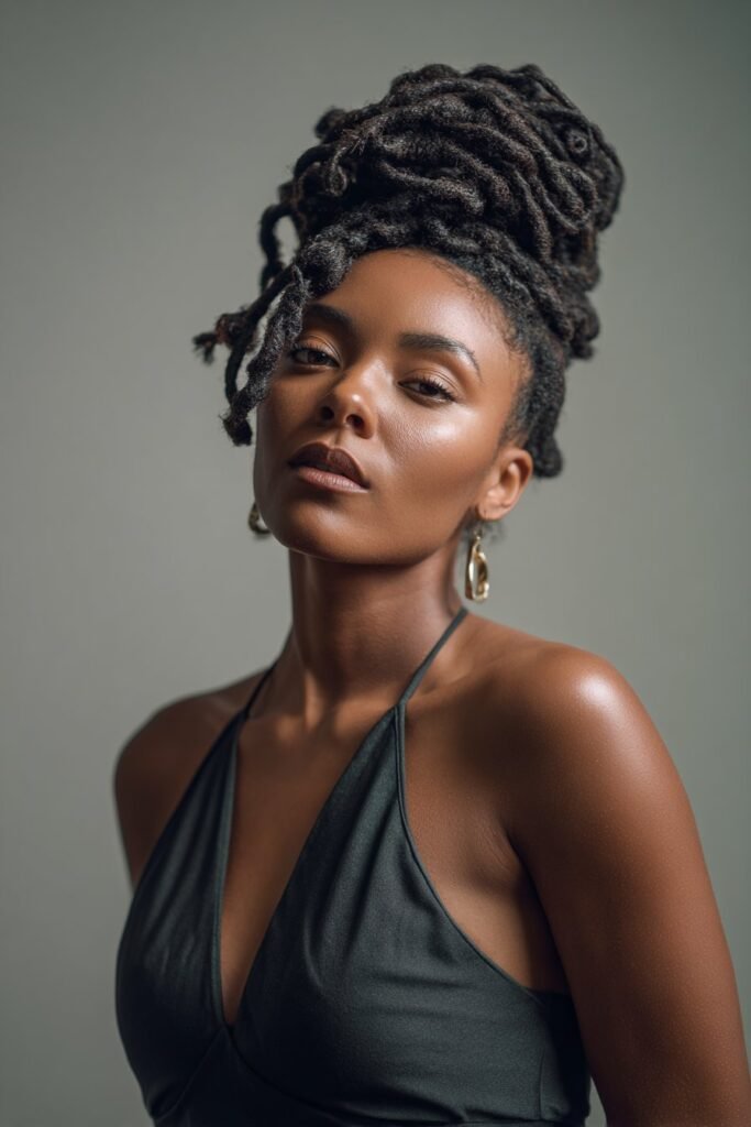black woman with twisted locs updo and sculpted volume