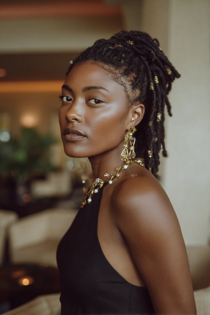 woman with twisted low loc ponytail with accessories