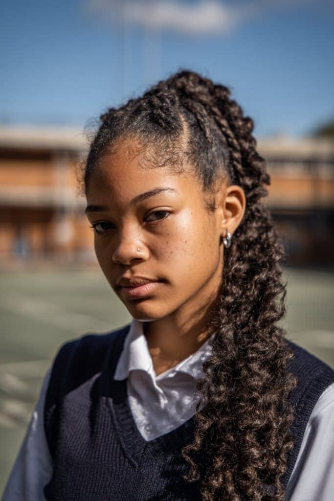school girl with twisted mohawk ponytail on 4c hair