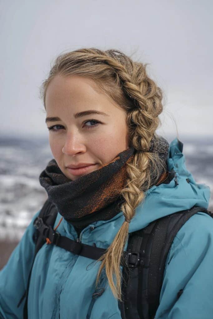 Twisted One Sided low braid ski hairstyle with scarf and ski jacket
