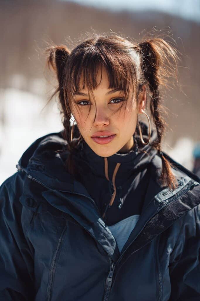 Twisted pigtails with curtain bangs for snowboarding