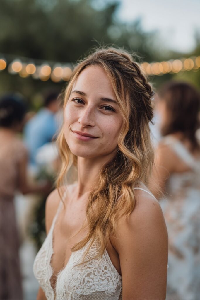 Twisted side crown hairstyle for bridesmaids with delicate braided detail