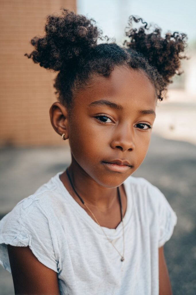 Twisted sunburst buns curly kids hairstyle