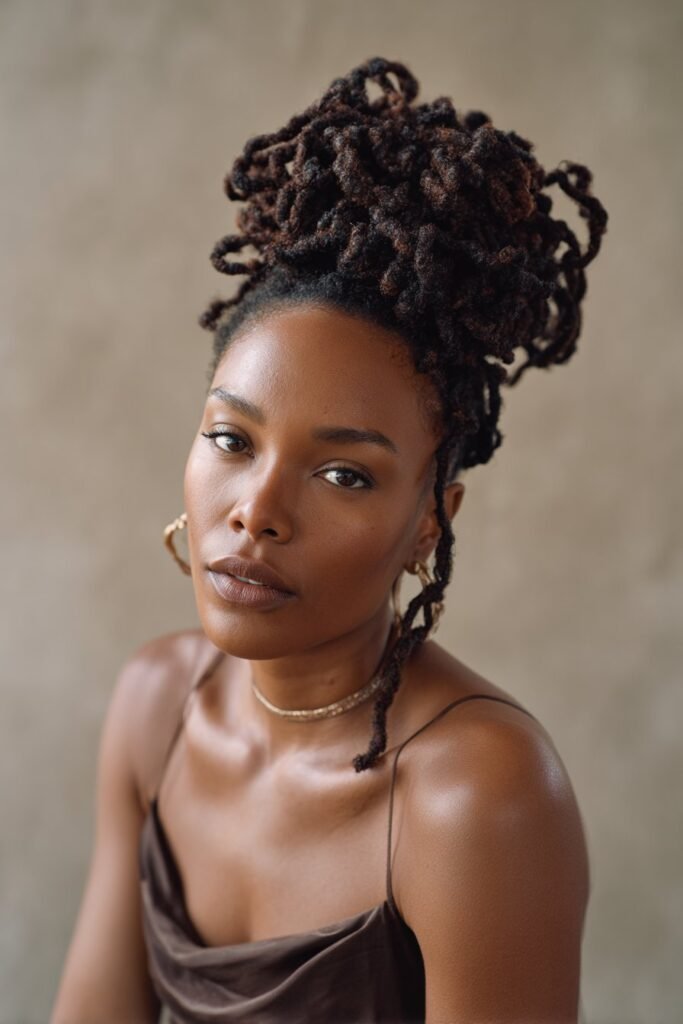 black woman wearing twisted updo made from retwisted locs