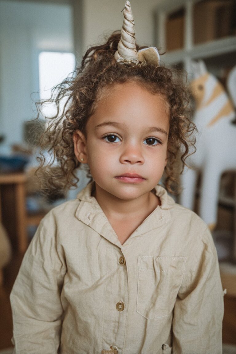 Twisted Updo with unicorn horn curly hairstyle for kids