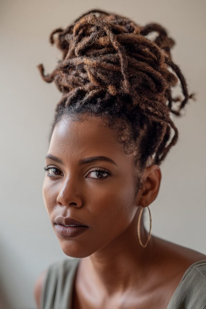 black woman wearing twisted updo created from dreadlocks