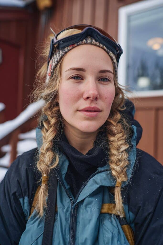 Two Sided Headband braids ski hairstyle for long hair with winter accessory