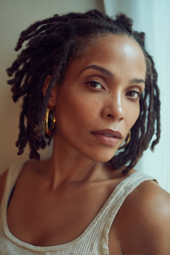 girl with two strand twist out on short locs
