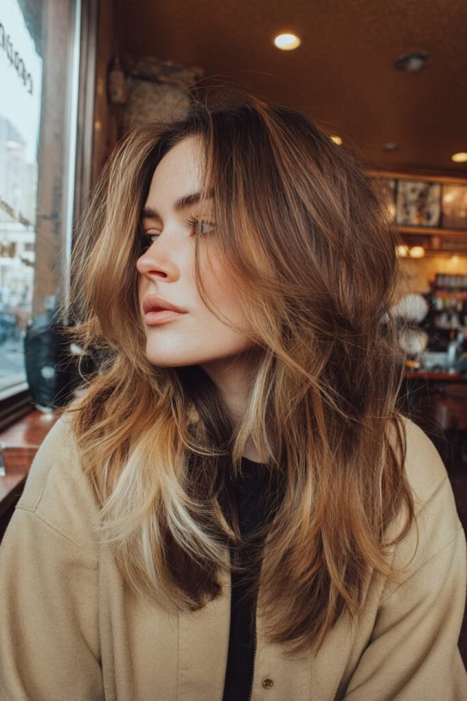 two tone layered peekaboo hairstyle with natural top layer and hidden color beneath