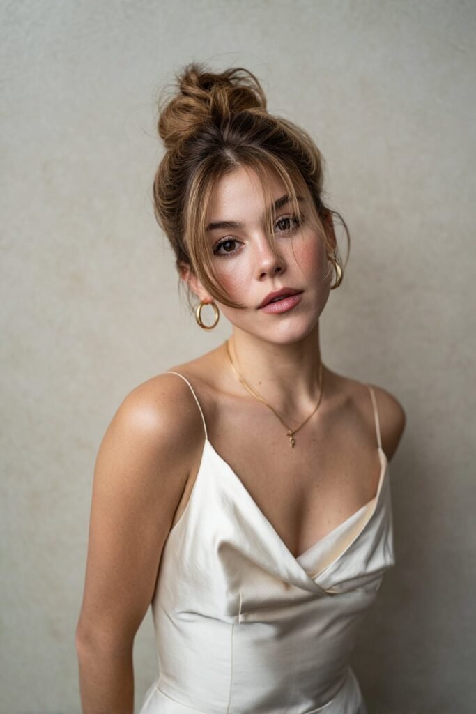 Elegant updo hairstyle with long side part bangs framing the face.