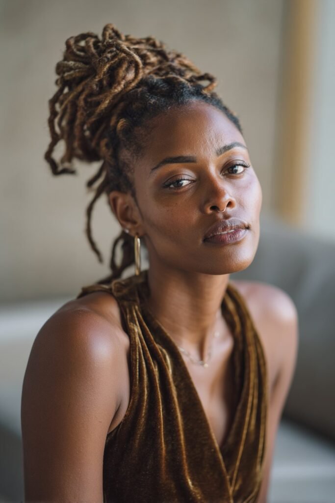 woman with velvet grace loc style in a smooth elegant low updo