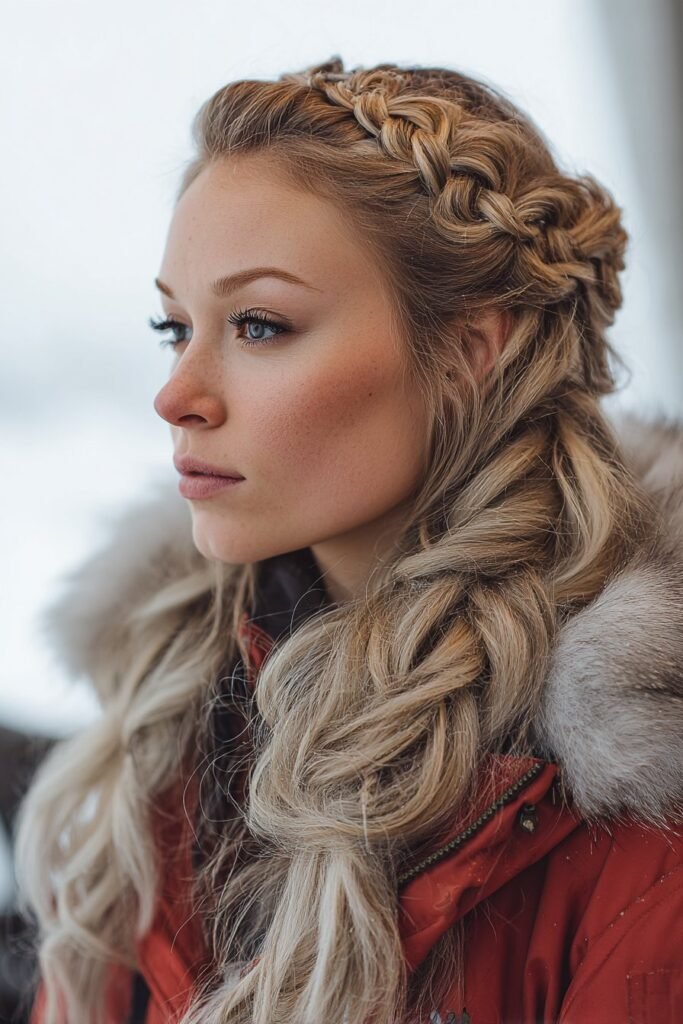 Viking braids ski hairstyle for long hair with twisted crown detail