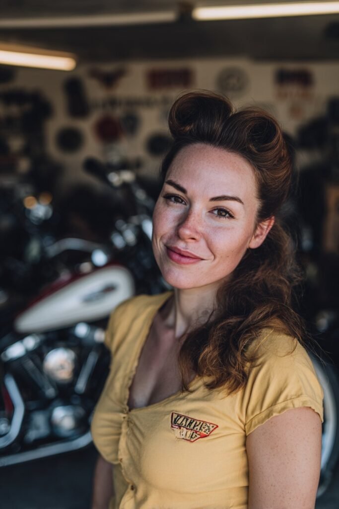 Retro biker woman with vintage pin-up roll hairstyle styled neatly with classic volume.