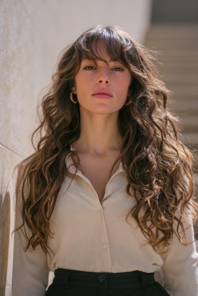 Voluminous side part bangs long hair with full body lift and texture.