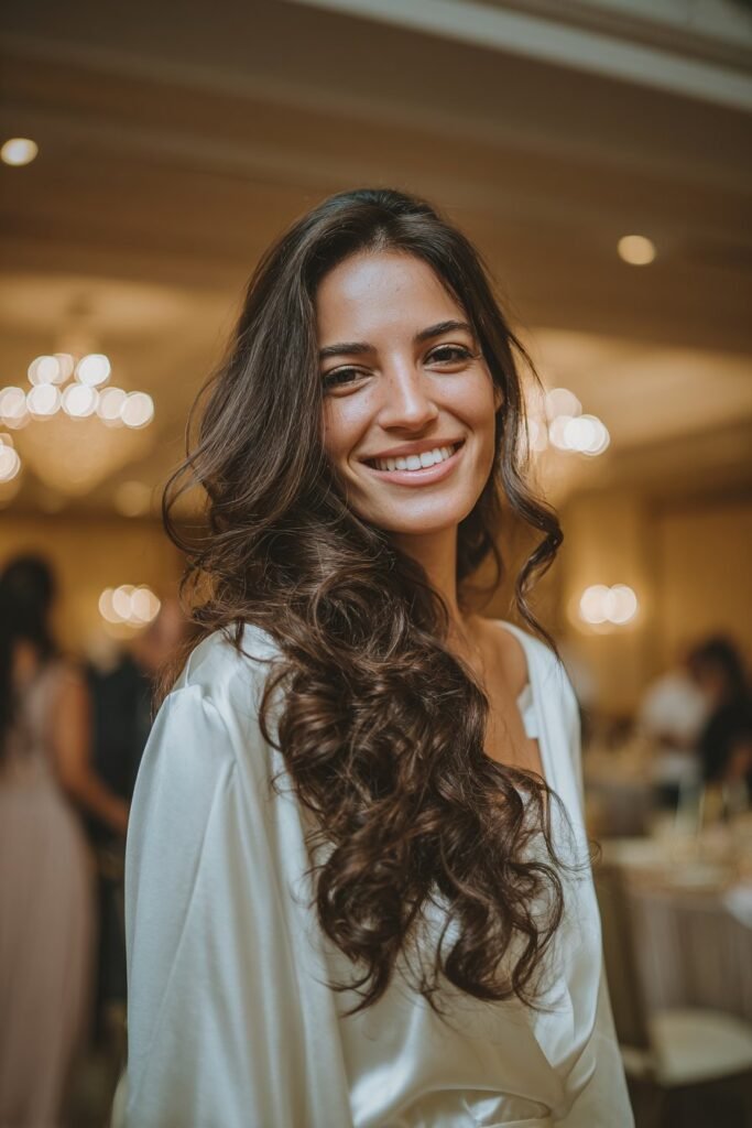 Voluminous side-swept curls hairstyle for bridesmaids with glamorous finish