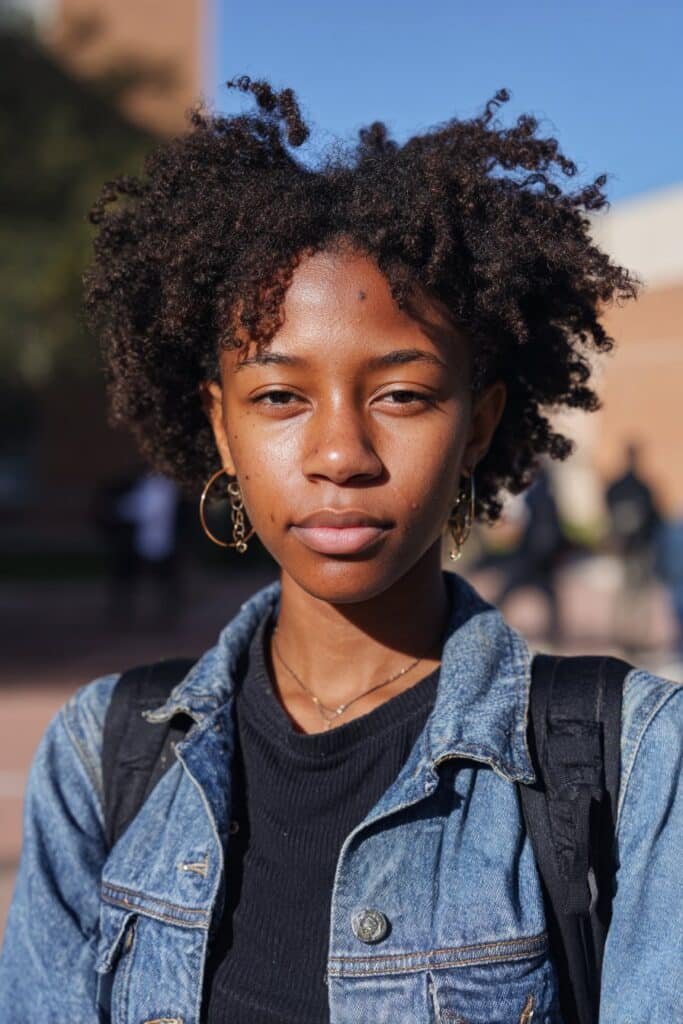 school girl wearing natural wash and go 4c hairstyle