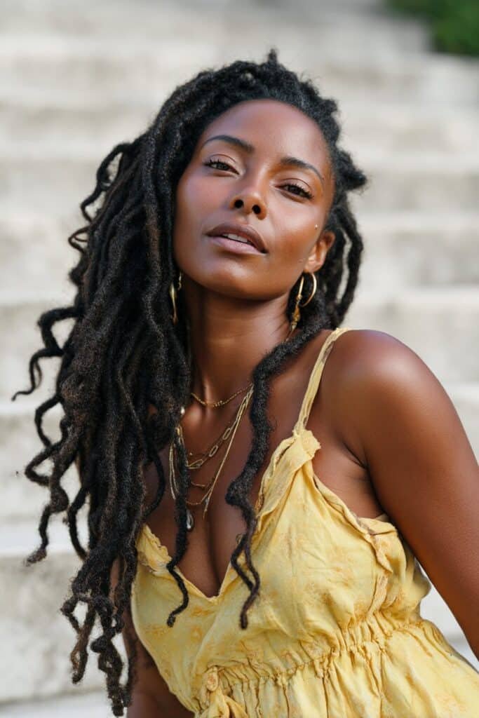black woman with waterfall style dreadlocks cascading naturally