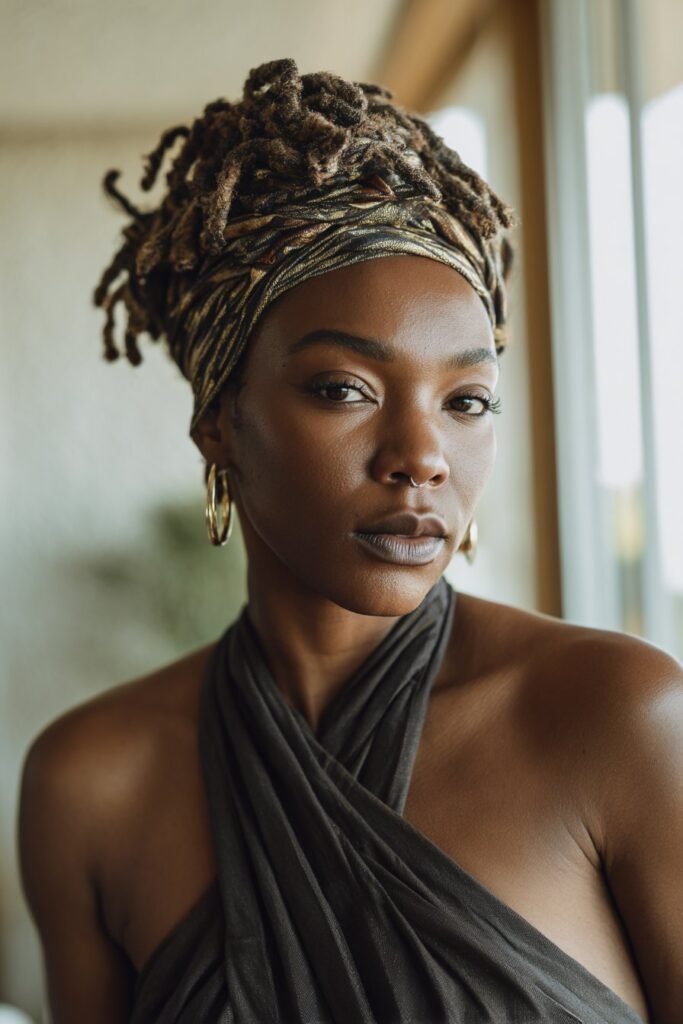 black woman with wrap loc hairstyle sculpted around the head