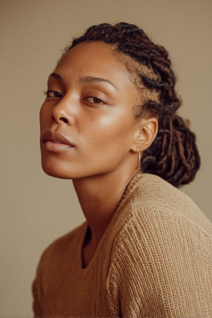black woman wearing wrapped low Bun with retwisted locs