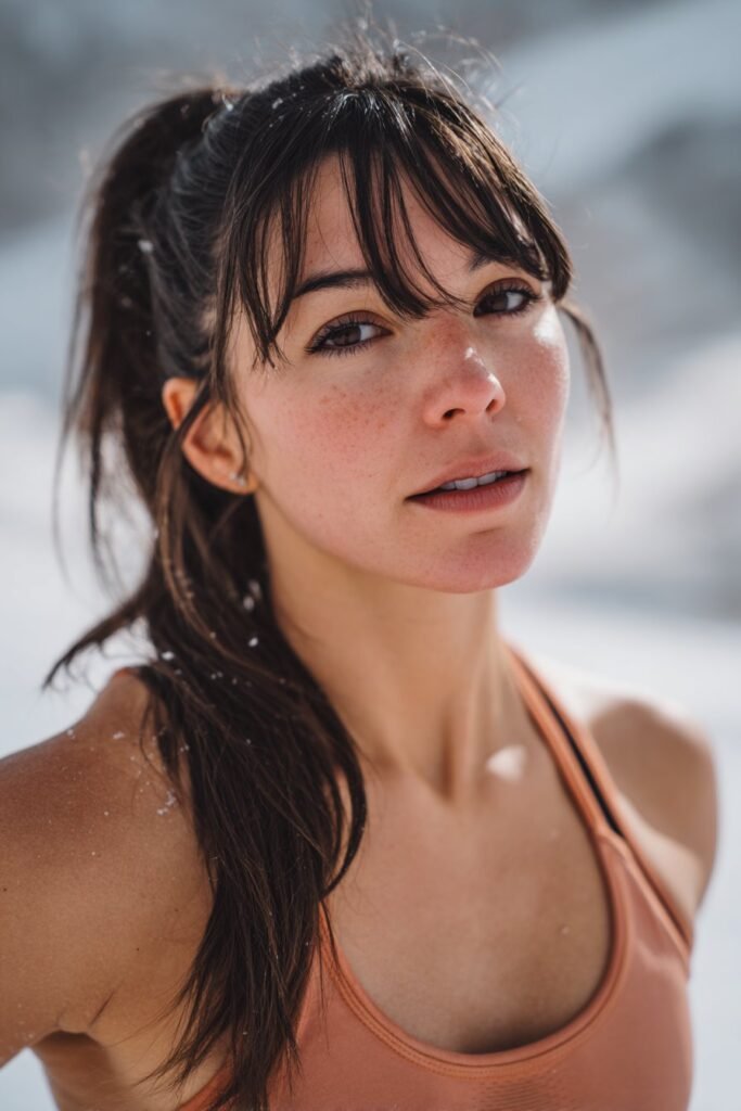 Wrapped ponytail snowboarding hairstyle with long side bangs