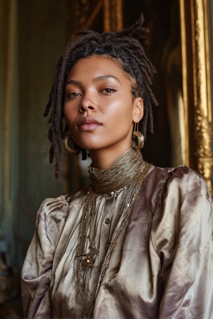 woman with wrapped short locs and decorative threads