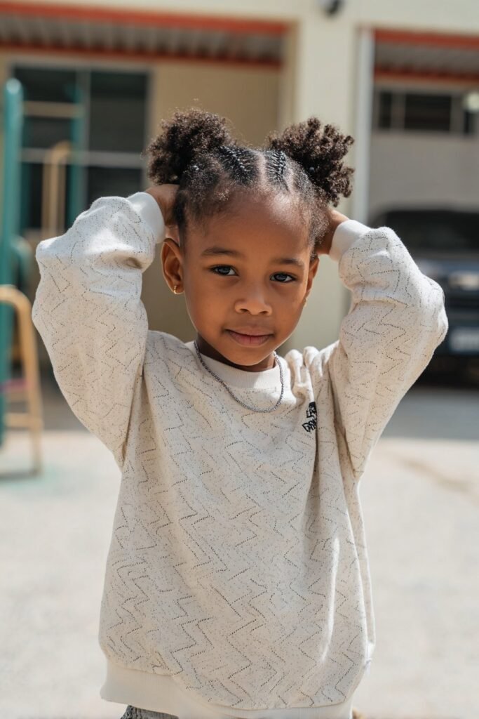 Zigzag part with side puffs curly kids hairstyle