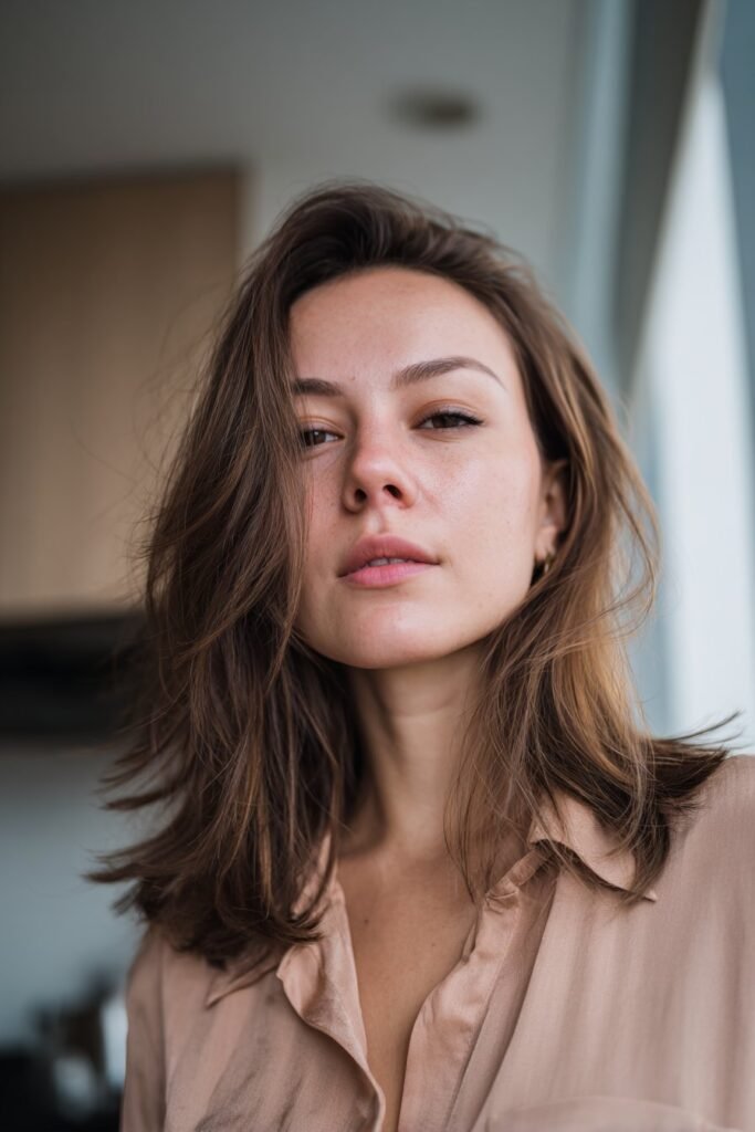 Woman wearing ash brown lowlights on gray hair.