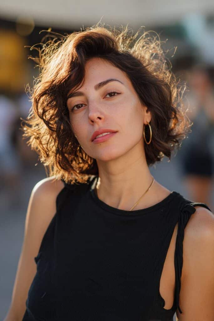 Woman with asymmetrical stacked bob and soft side curls.
