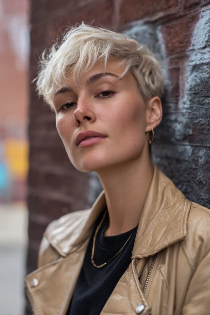 Woman with asymmetrical hairstyle and one side tucked back.