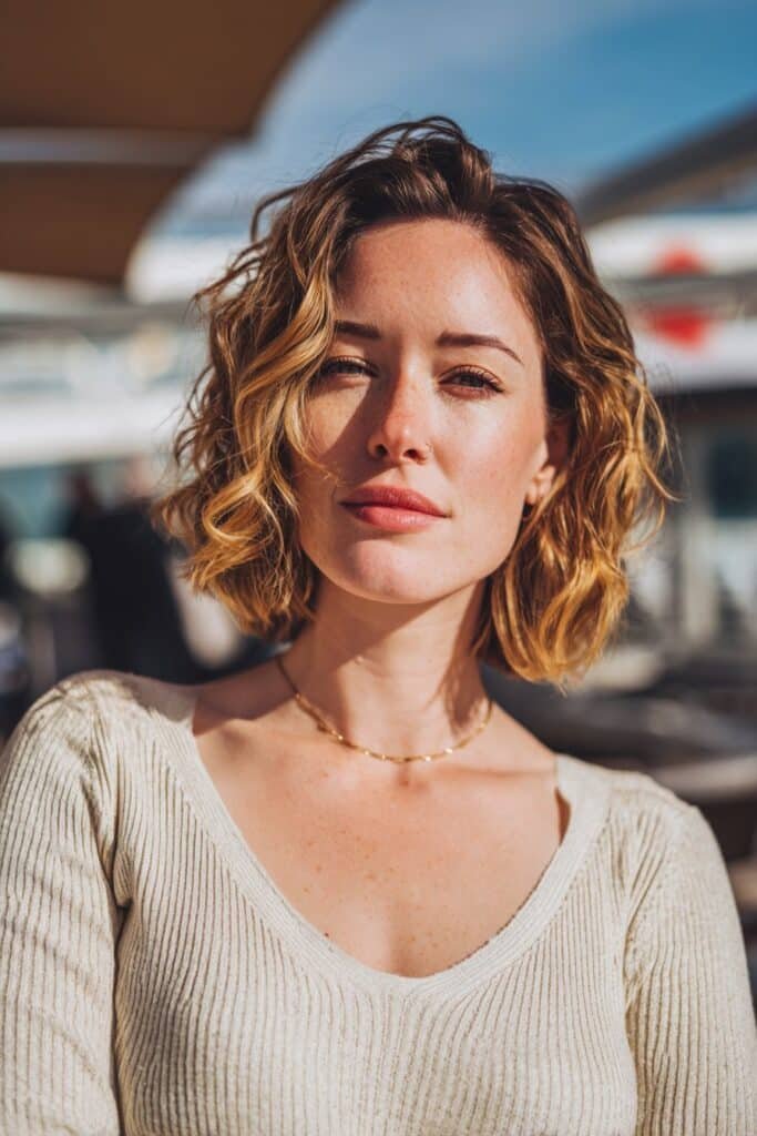 Woman wearing balayage stacked bob with blended curly texture.