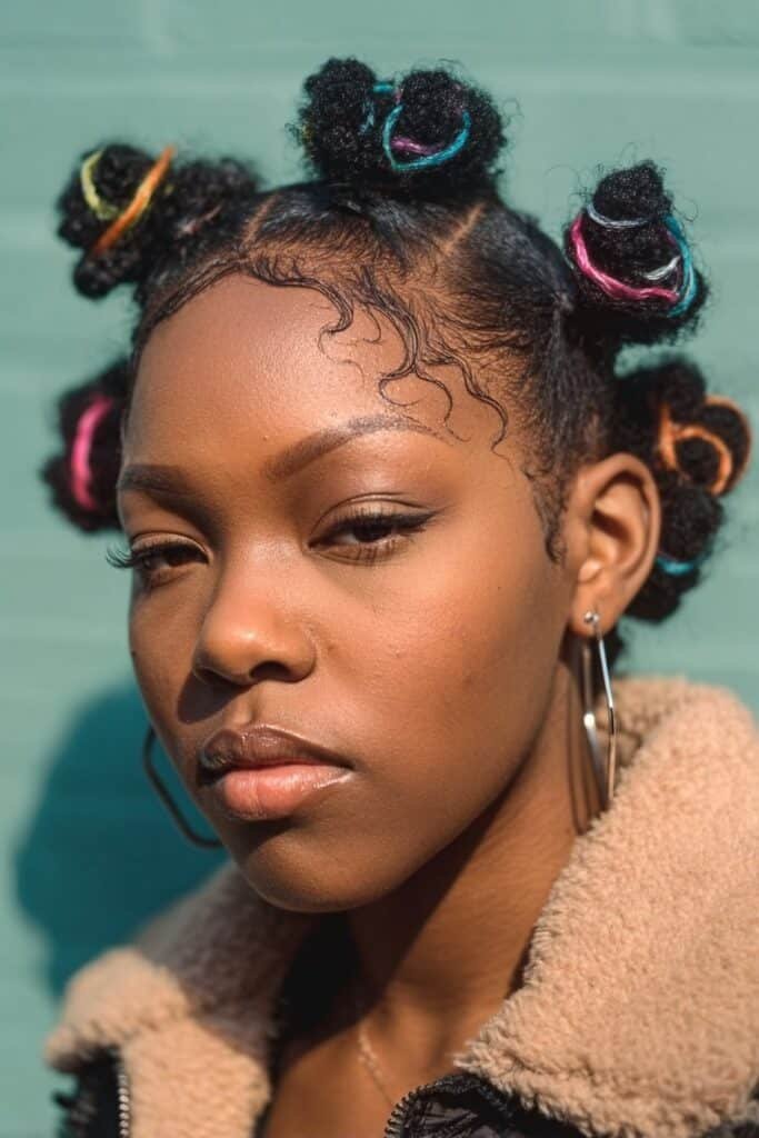 Black woman styling colorful bands bantu knots in neat sections.