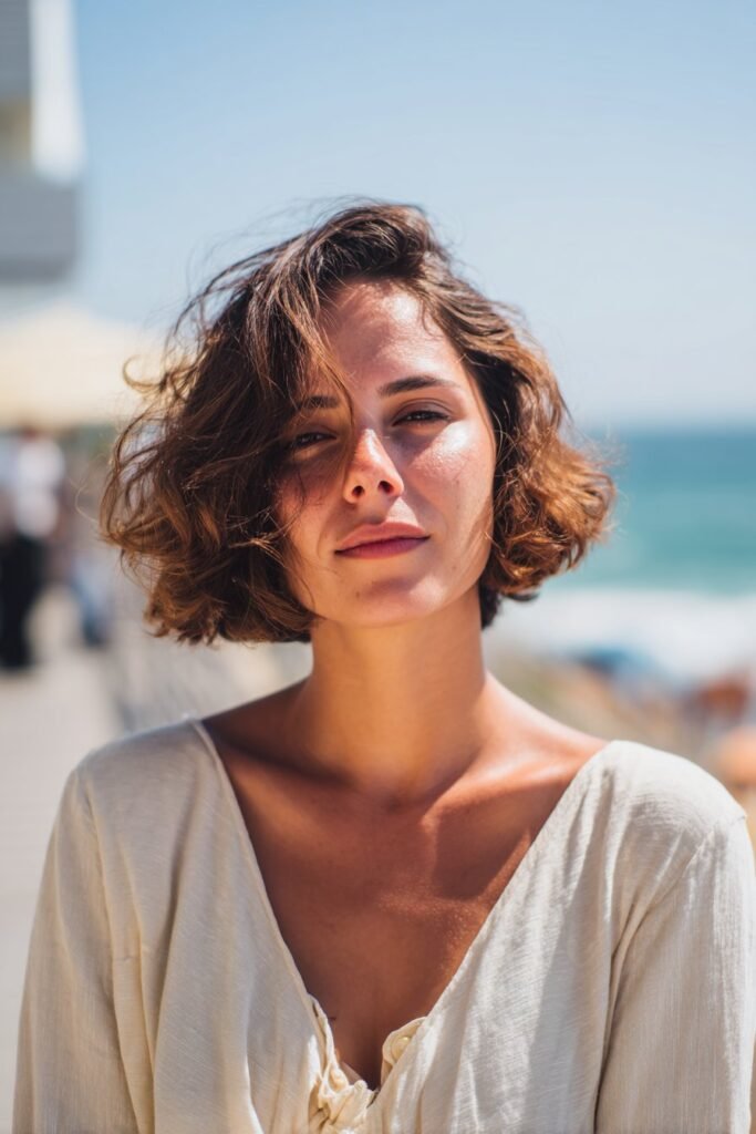 Woman with beachy waves styled in a soft stacked bob haircut.