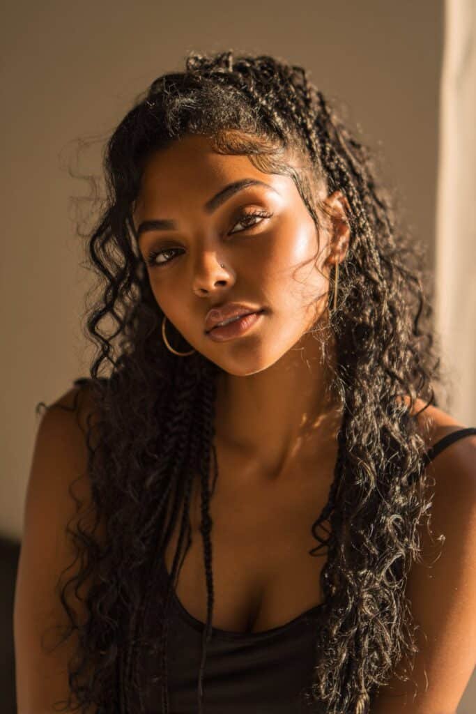 Woman with bohemian box braids and loose flowing curls.
