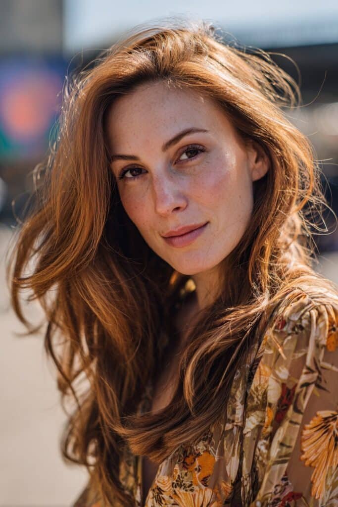 Long bohemian 70s feathered hair with soft flowing waves.