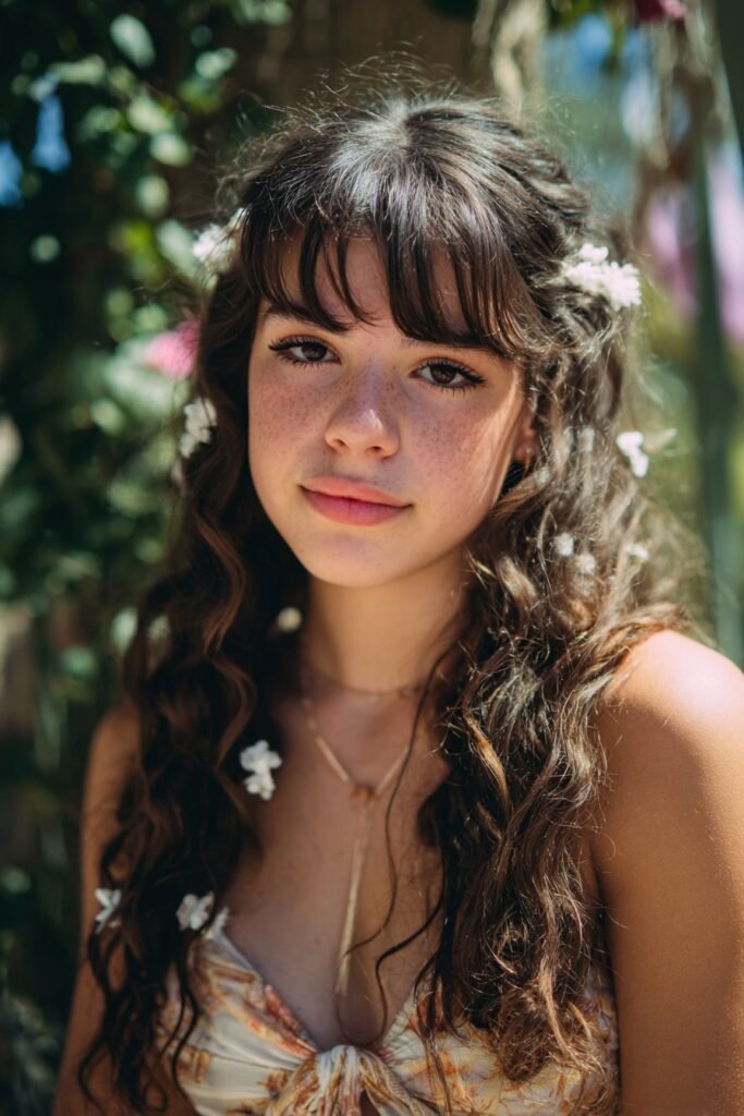 Teen girl with bohemian waves, curtain bangs, and floral accents for a whimsical prom look.