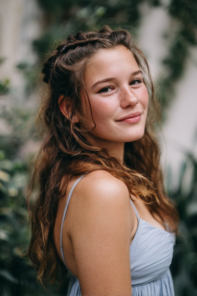 Teen girl with boho braids and textured waves in a middle part.