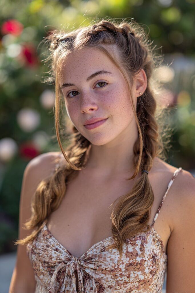 Teen girl with a softly loosened boho fishtail braids prom hairstyle for long fine hair.